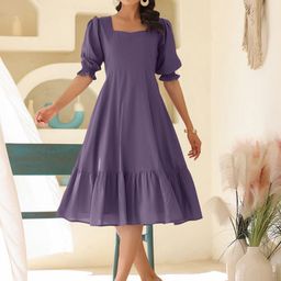 Janasya Women Puff Sleeve Fit and Flare Midi Dress-picture-45