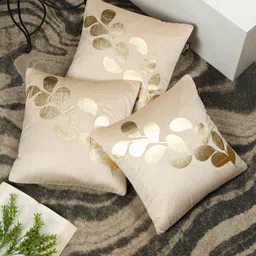 Myntra Elegant Homes Cream & Gold-Toned 3 Pieces Printed Velvet Square Cushion Covers-image-20