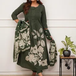 MILAAV Floral Printed Round Neck Pure Cotton Pleated A-Line Kurta With Trousers & Dupatta-18