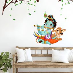 Aura Blue & Green Lord Krishna Printed Self-Adhesive & Durable Wall Sticker-37