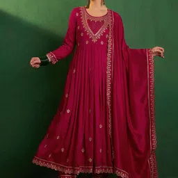 Moda Rapido Floral Embroidered Chanderi Silk Anarkali Kurta With Trousers & Dupatta-picture-44