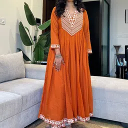 MILAAV Floral Embroidered Thread Work Pure Cotton Anarkali Kurta With Trousers & Dupatta-picture-14