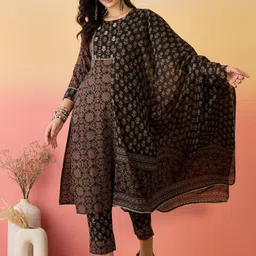Sangria Brown Ethnic Motifs Printed Pure Cotton Kurta With Trouser And Dupatta-image-38