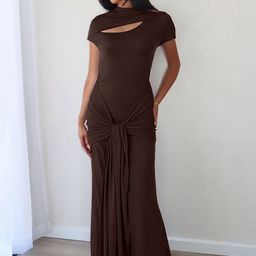 LULU & SKY Solid Slits Asymmetric Neck Maxi Dress-picture-14