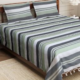 Myntra Elegant Homes Green & White Striped Cotton 210 TC King Bedsheet Set 2.74m x 2.54m-image-26