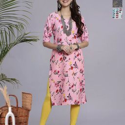 HERE&NOW Selection Of 3 Floral Printed Round Neck Straight Kurtas-image-93