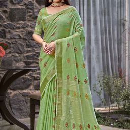 SANGAM PRINTS Woven Design Zari Linen Blend Tussar Saree-image-76