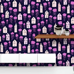ArtzFolio Printed UV-Resistant Anti-Bacterial Houses And Clouds With Falling Raindrops Peel & Stick Wallpaper-image-75