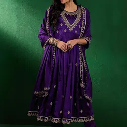 Moda Rapido Floral Embroidered Anarkali Round Neck Kurta With Trousers & Dupatta-image-89
