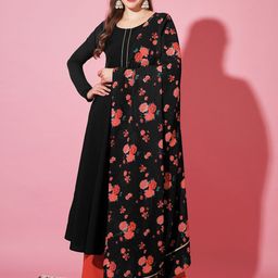 THE FAB FACTORY Women Solid Round Neck Kurta with Printed Dupatta-image-51