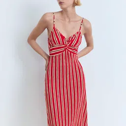 MANGO Vertically Striped Plisse Effect Shoulder Straps Gathered Detail Midi Sheath Dress-image-30