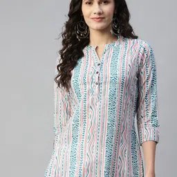 MALHAAR White & Blue Printed Pure Cotton Kurti-image-24