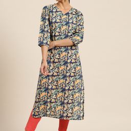 Sangria Women Blue & Mustard Yellow Pure Cotton Ethnic Motifs Printed Kurta-image-36