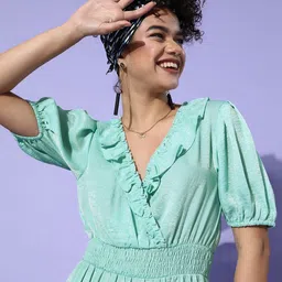 EVERYDAY by ANI Women Sea Green Solid Cinched Waist Dress-image-46
