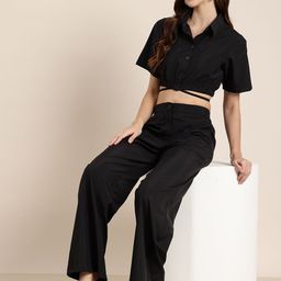 HERE&NOW Solid Crop Shirt And Trousers-image-1
