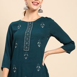 Anouk Women Teal Blue Embroidered Regular Mirror Work Kurta with Palazzos-38