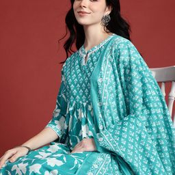 Anouk Printed Pleated Kurta with Trousers & Dupatta-27