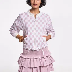 Terra Luna Women Checked Mandarin Collar Neck Long Sleeves Bomber Jackets-30