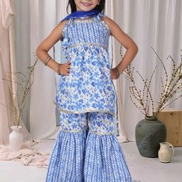 Cutiekins Girls Floral Printed A-Line Kurta with Sharara & Dupatta-picture-3