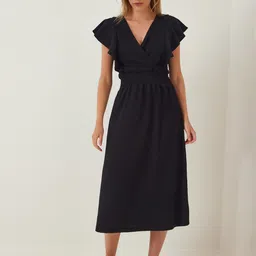 Happiness istanbul Flutter Sleeve Fit and Flare Midi Dress-13