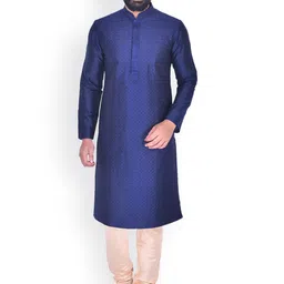 Manyavar Men Navy Blue & Beige Self Design Kurta with Churidar-image-90