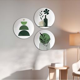 THE QUIRKY HOME 3-Pcs White & Green Leaf Impressions Printed Ceramic Wall Plates-1