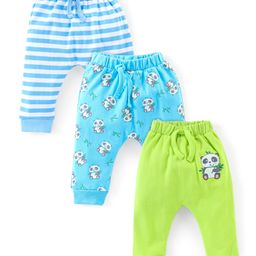 Babyhug Cotton Full Length Diaper Pants Stripes & Panda Print Pack of 3- Blue & Green-image-69