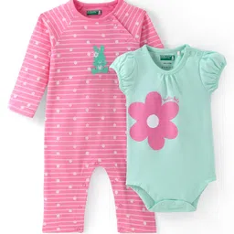 UCB Cotton Knit Raglan Sleeves Romper & Onesie Floral Print & Teddy Embroidery Pack Of 2 - Green & Pink-picture-20