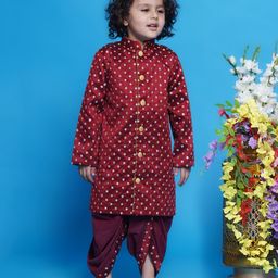 Little Bansi Mulberry Silk Full Sleeves Floral Foil Embroidered Kurta With Coordinating Dhoti - Maroon-picture-24