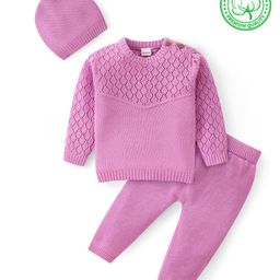 Babyhug Cotton Knit Full Sleeves Pullover Sweater Set With Cable Knit Design & Cap - Mauve-picture-18
