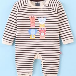 Mini Taurus Cotton Knit Full Sleeves Striped Sleep Suit With Animals Print - Off White-image-27