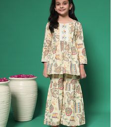 READIPRINT Three Fourth Sleeves Abstract Printed & Lace Detailed Coordinating Kurta Sharara Set - Beige-picture-20