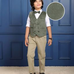 Mark & Mia Full Sleeves Solid Colour Corduroy 3 Piece Party Suit with Bow - Dark Green-image-60