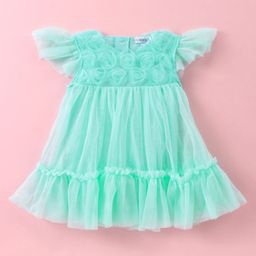 Mark & Mia Frill Sleeves Tiered Party Frock Style Onesie with Floral Applique - Aqua Blue-image-78