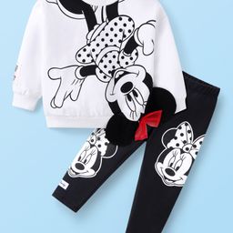 Babyhug Disney Single Jersey Knit Full Sleeves Sweatshirt & Leggings Set with Minnie Mouse Graphics Bow &Badge Detailing - Black & White-image-63