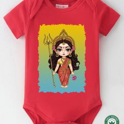 BLUSHES Durga Puja Theme 100% Cotton Half Sleeves Durga Maa Printed Onesie - Red-picture-3