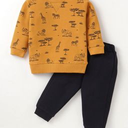 Zero Fleece Knit Full Sleeves Winter Wear T-Shirt & Lounge Pant Set Animal Print -Mustard &Grey-image-9