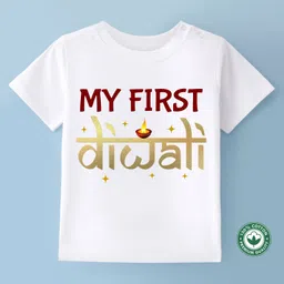 BLUSHES Diwali Theme 100% Cotton Half Sleeves My First Diwali Text Printed Tee - White-picture-42