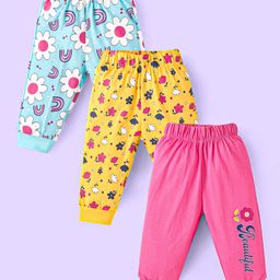 Doodle Poodle Cotton Knit Full Length Lounge Pants with Floral Print Pack of 3 - Light Blue Yellow & Dark Pink-image-56