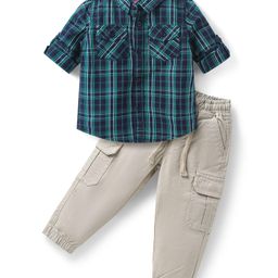 Babyhug Cotton Woven Full Sleeves Checks Shirts & Lounge Pants Set - Blue & Beige-image-3