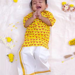 KID1 Cotton Half Sleeves Birds Printed Shirt & Mundu Lungi Set - Yellow-image-90