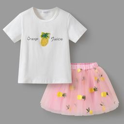 Mark & Mia Half Sleeves Top and Skirt Set with Fruit Embellishment & Embroidery -Pink & White-image-12