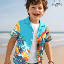 OLLINGTON ST. 100% Cotton Knit Shirt With T-Shirt Tropical Theme - Light Blue-picture-2