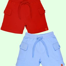 Kiddopanti Cotton Pack of 2 Solid Cargo Shorts - Red & Light Blue-image-98