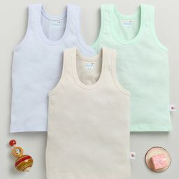 BUMZEE Cotton Knit Sleeveless Solid Colour Vests Pack Of 3 - Sea Green Lilac & Beige-picture-14