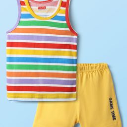 Babyhug 100% Cotton Single Jersey Knit Sleeveless Sando & Shorts Set With Stripes - Red & Yellow-image-83