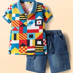 Babyhug Single Jersey Knit Half Sleeves Polo T-Shirt & Denim Shorts Set with Abstract Print - Blue-image-97