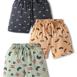Teddy Sinker Knit Knee Length Shorts With Sports Theme Print Pack Of 3 - Charcoal Grey Light Green & Peach-image-73