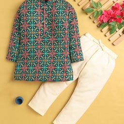 Jeet Ethnics Cotton Blend Full Sleeves Ethnic Motifs Designed Kurta Pyjama Set - Turquoise-image-93