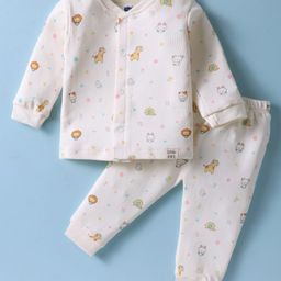 Simply Interlock Knit Full Sleeves Co-Ord Night Suit with Animal Print - Off White-image-87